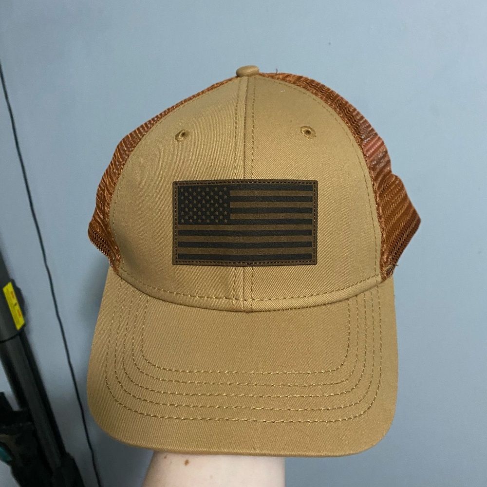 Tan Mesh Trucker Hat with American Flag